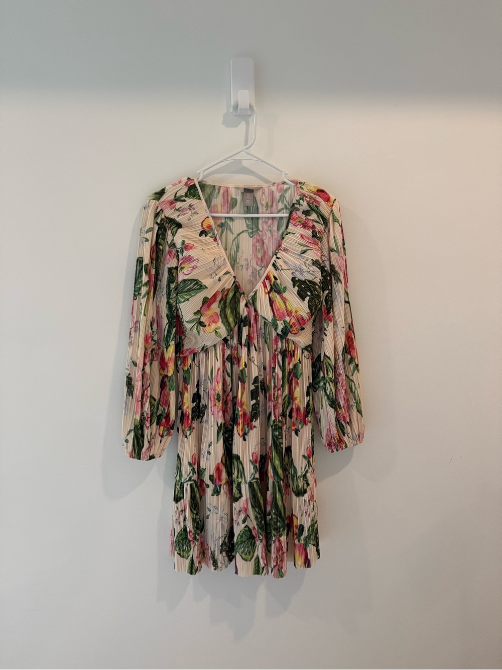 H&M Cream Floral Pleated Mini Dress with Pink and Green Print